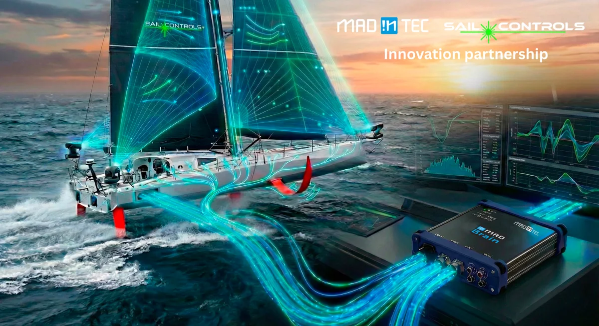 Madintec and Sail Controls partnership visual: a sailing boat with measured sails, linked to the MADBrain computer