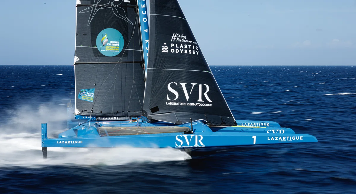 The Ultim trimaran SVR-Lazartigue under sail